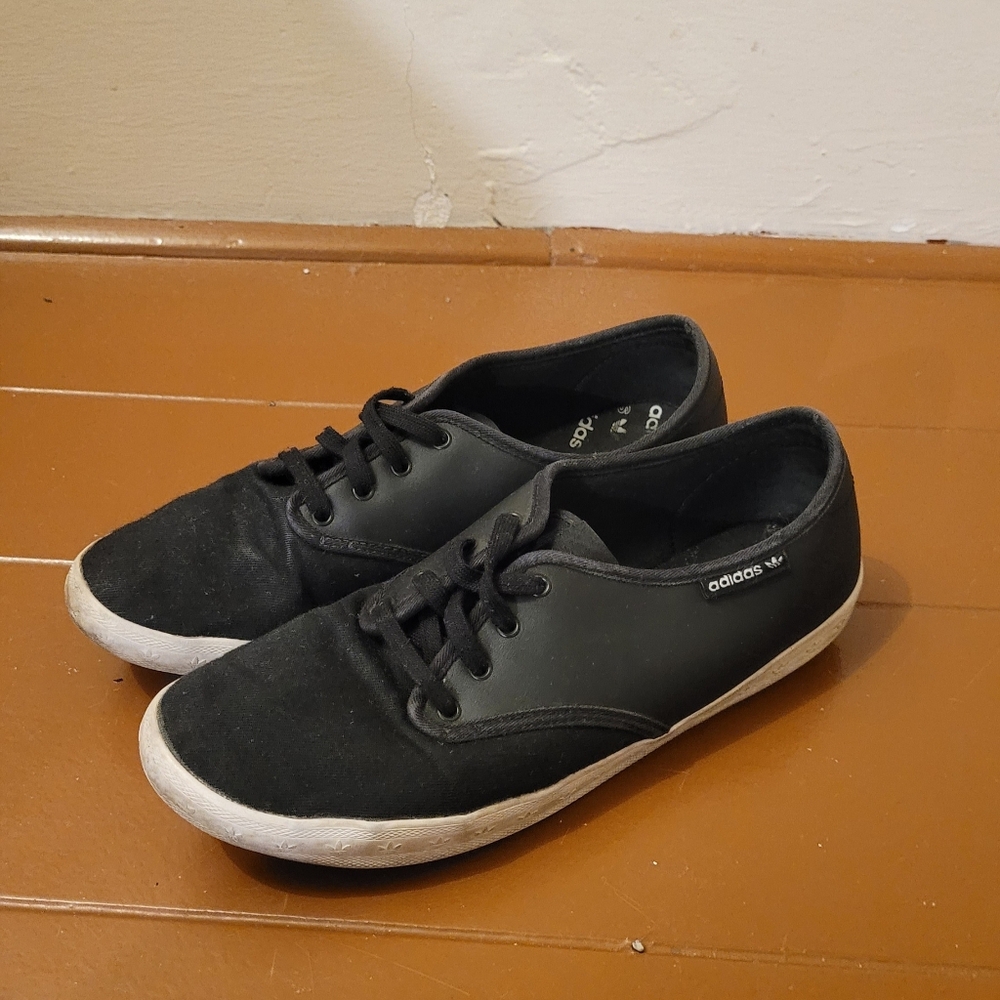 Adidas Simple Black Flat Sneakers Well Worn
